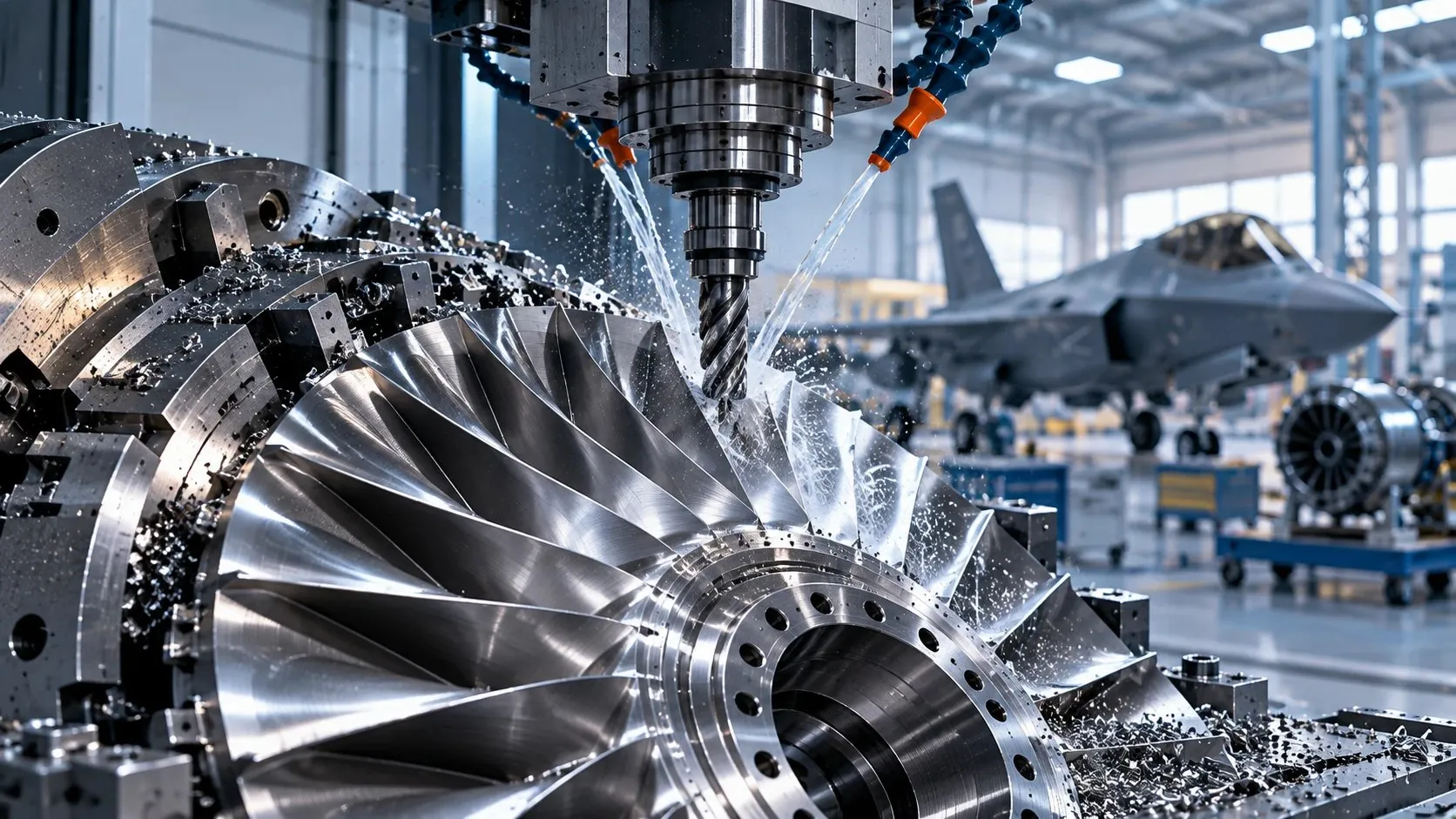 Milling a turbine impeller in an aerospace plant