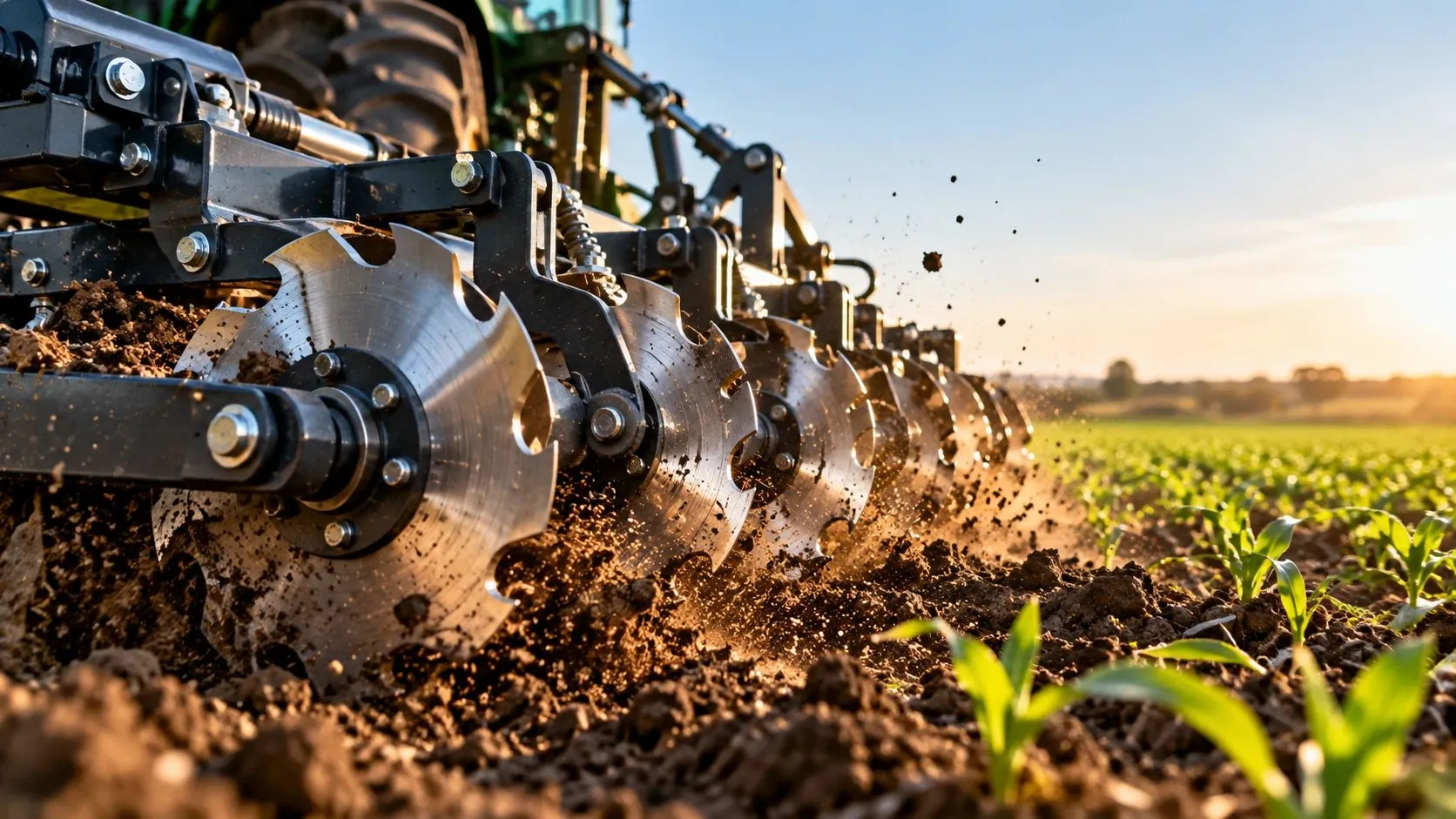 Tractor disc harrow working a field