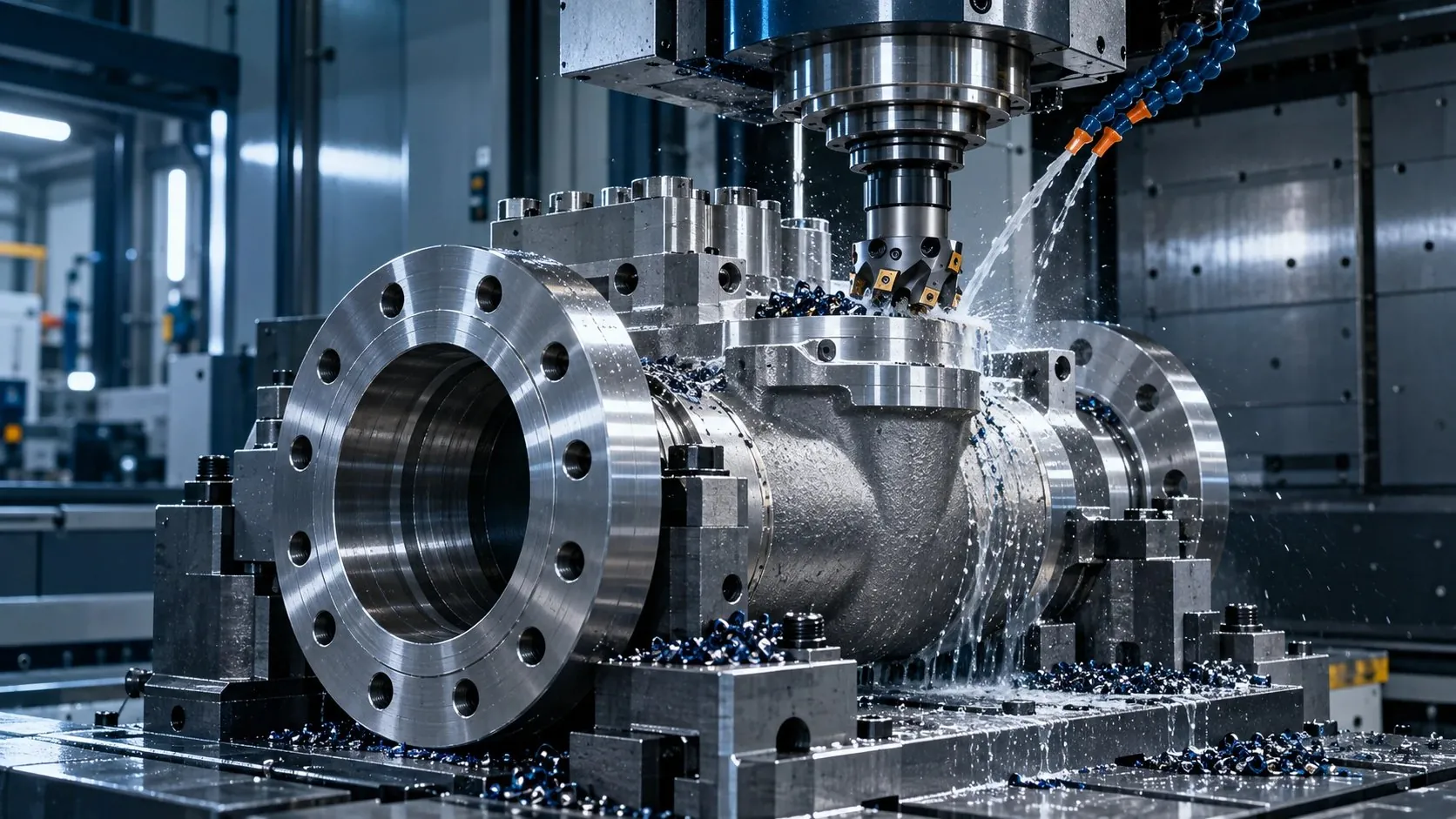 Milling a flanged valve body with coolant
